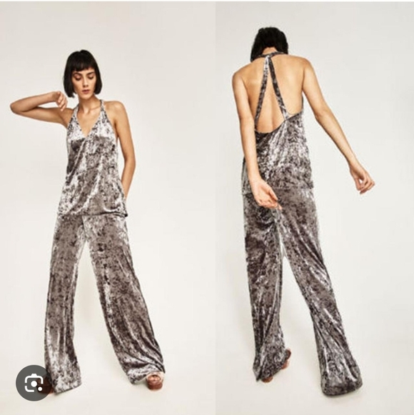 Zara set Wide Leg Halter crushed velvet - Picture 1 of 9